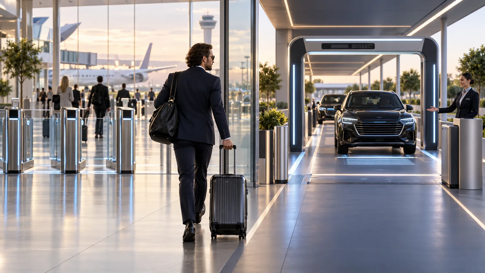 Concept visualization of a traveler moving from an airport terminal toward an automated vehicle scanning lane