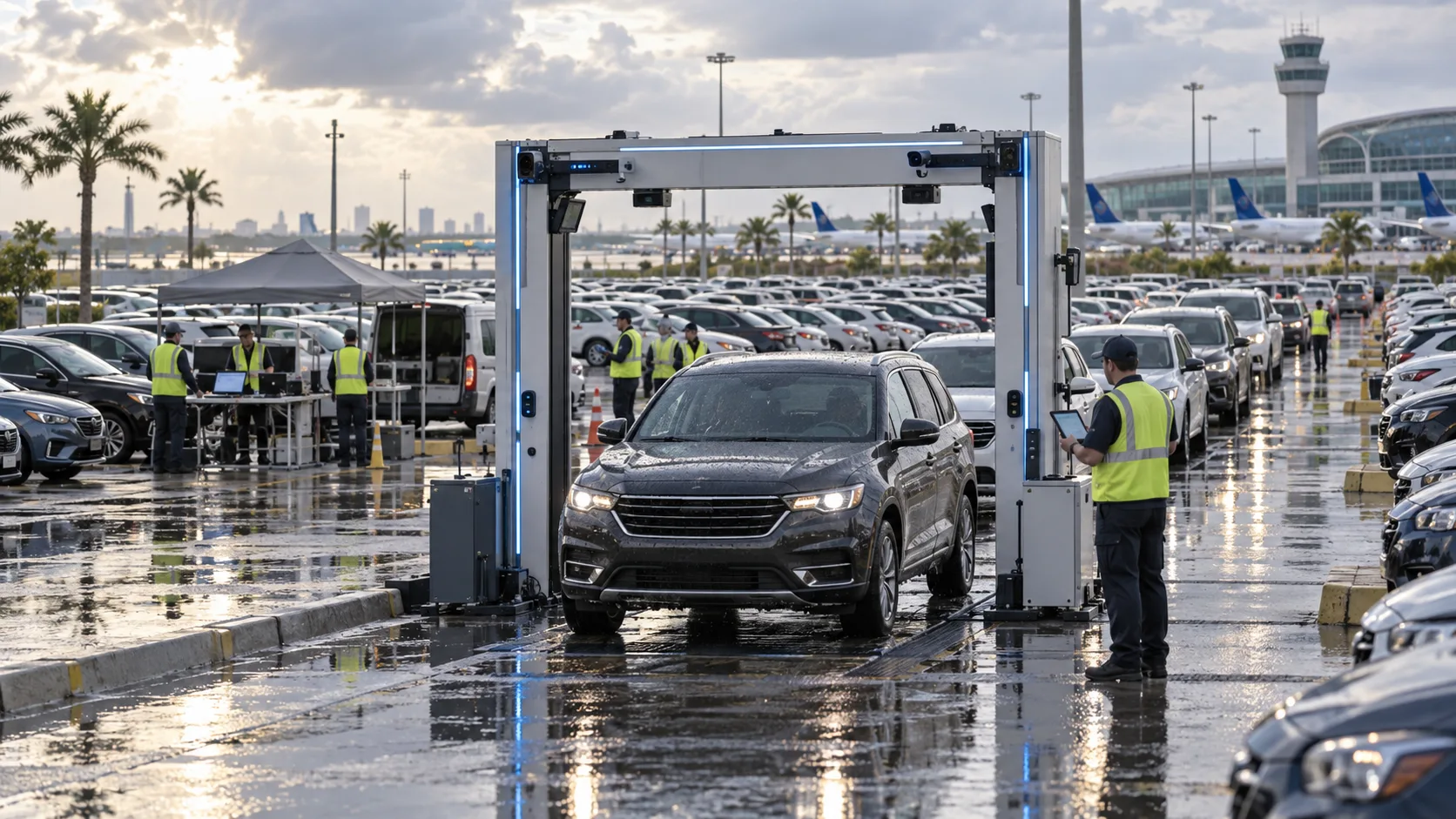 Rental fleet being processed through a vehicle scanning gate