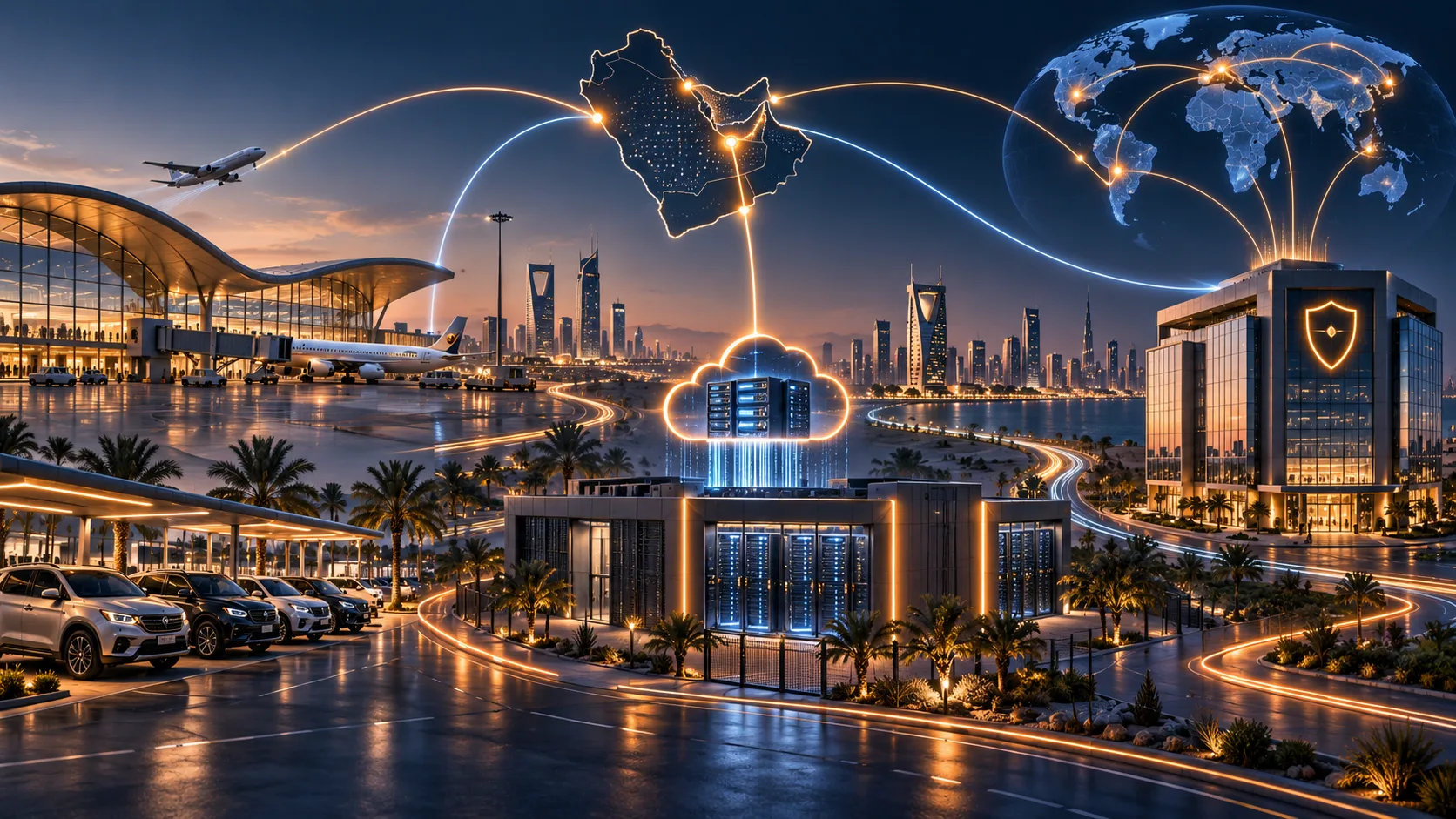 Concept visualization of a connected GCC airport, mobility and insurance technology ecosystem