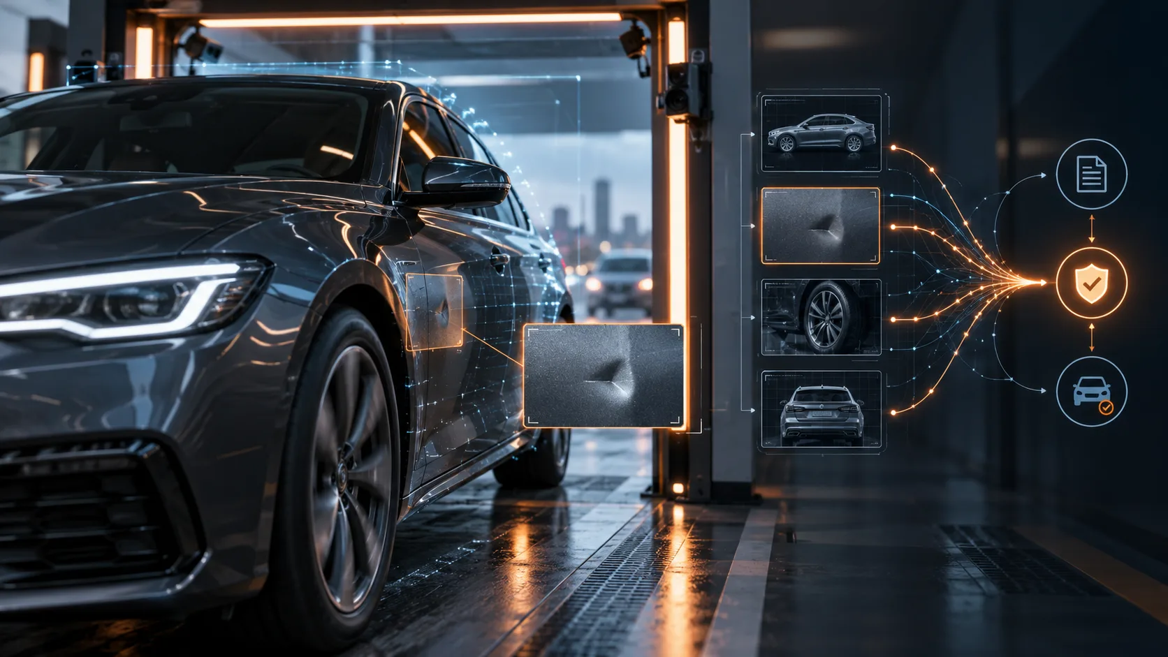 Concept visualization of AI vehicle inspection identifying a visible change and connecting it to an automated decision workflow